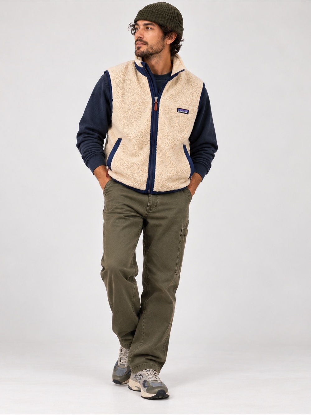 Vintage Patagonia 90s Classic Retro-X Fleece Vest Natural Beige Navy Trim L